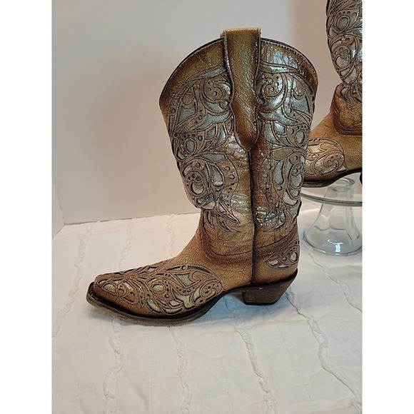Corral Teens Cowboy Boots Size 3.5 Brown Leather Snip Toe Inlay Western - Picture 4 of 8